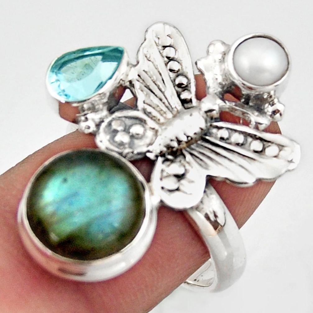 7.23cts natural blue labradorite topaz 925 silver butterfly ring size 7.5 d46120