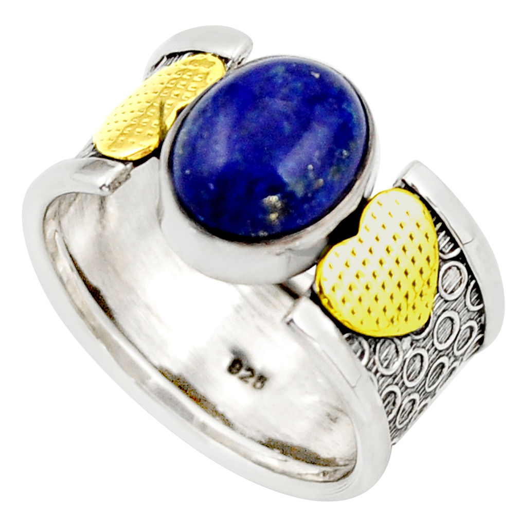 4.55cts natural blue lapis lazuli 925 silver gold solitaire ring size 7.5 d46330