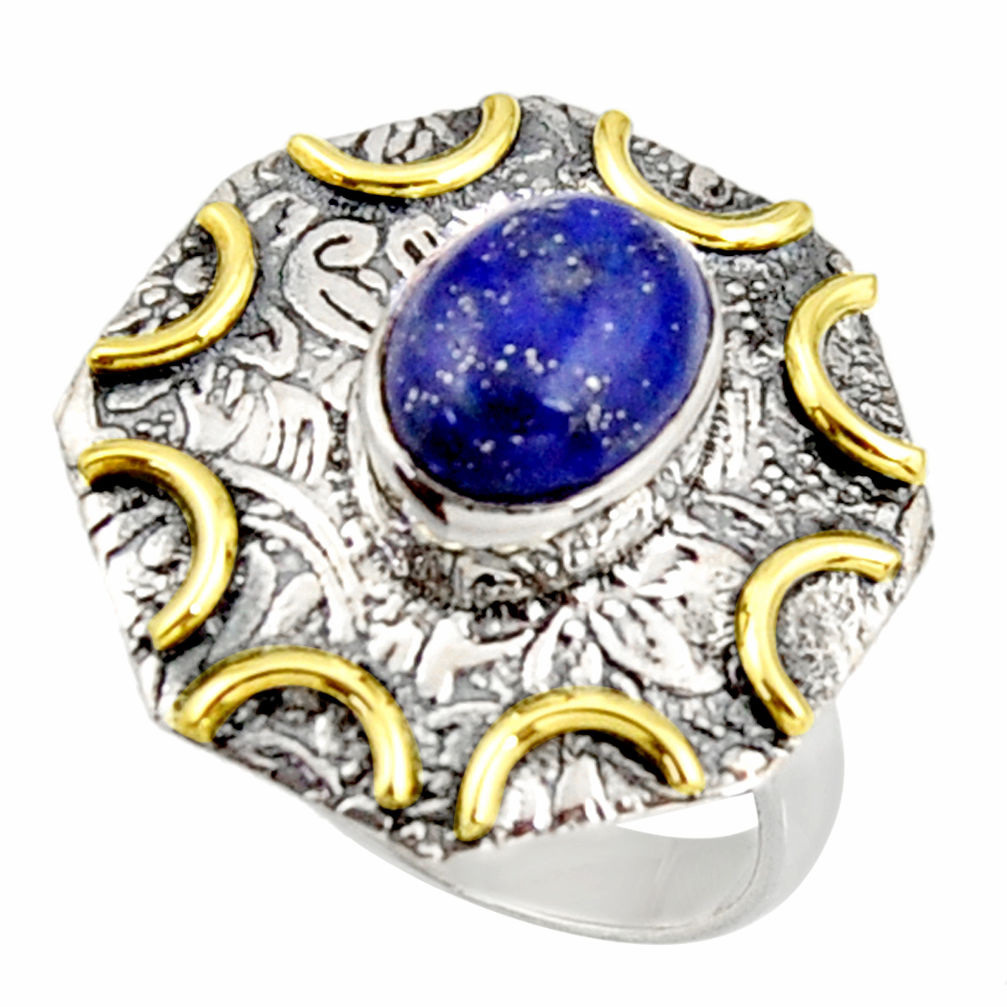 3.01cts natural blue lapis lazuli 925 silver gold solitaire ring size 6.5 r37270