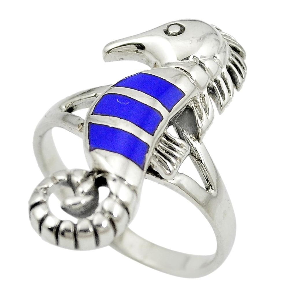 Natural blue lapis lazuli enamel 925 sterling silver seahorse ring size 8 c12196