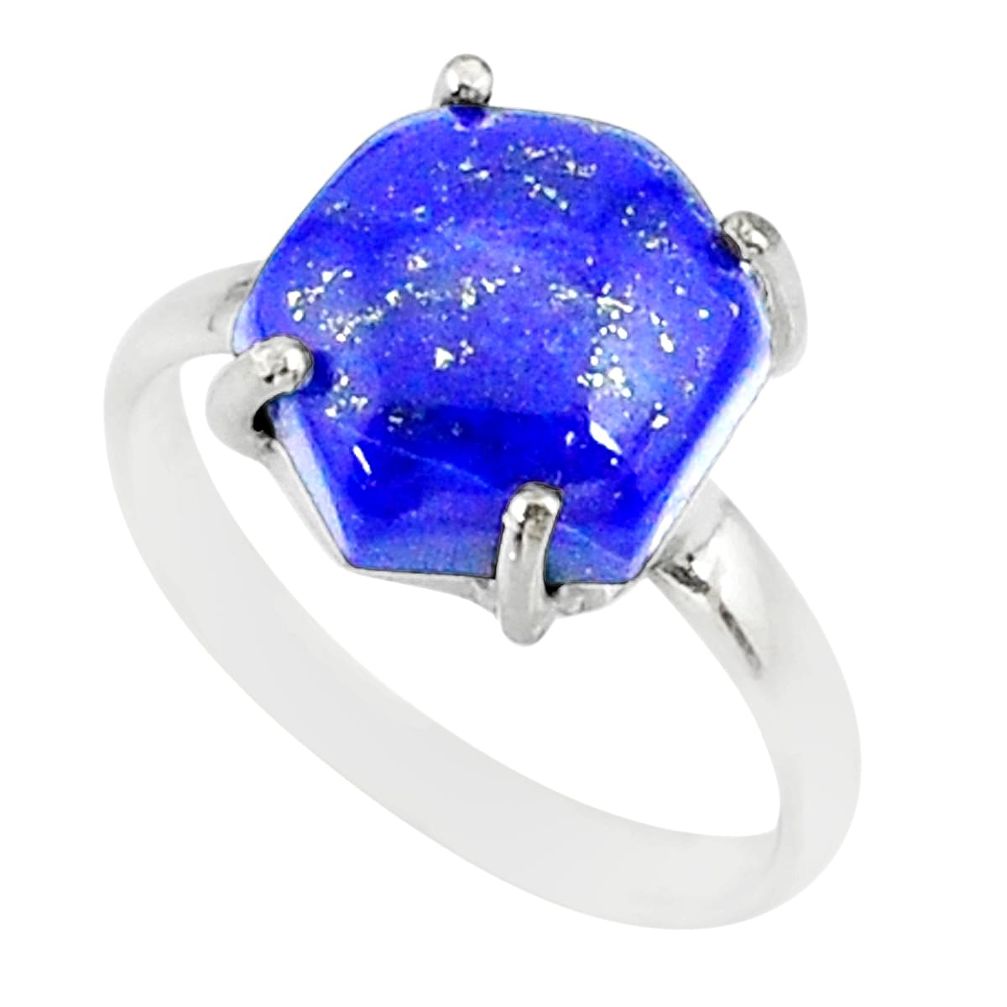 4.88cts natural blue lapis lazuli hexagon silver solitaire ring size 6 r81918