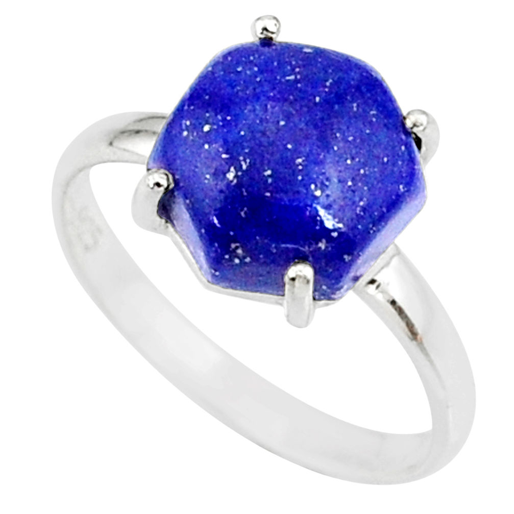 5.15cts natural blue lapis lazuli hexagon silver solitaire ring size 8 r81872