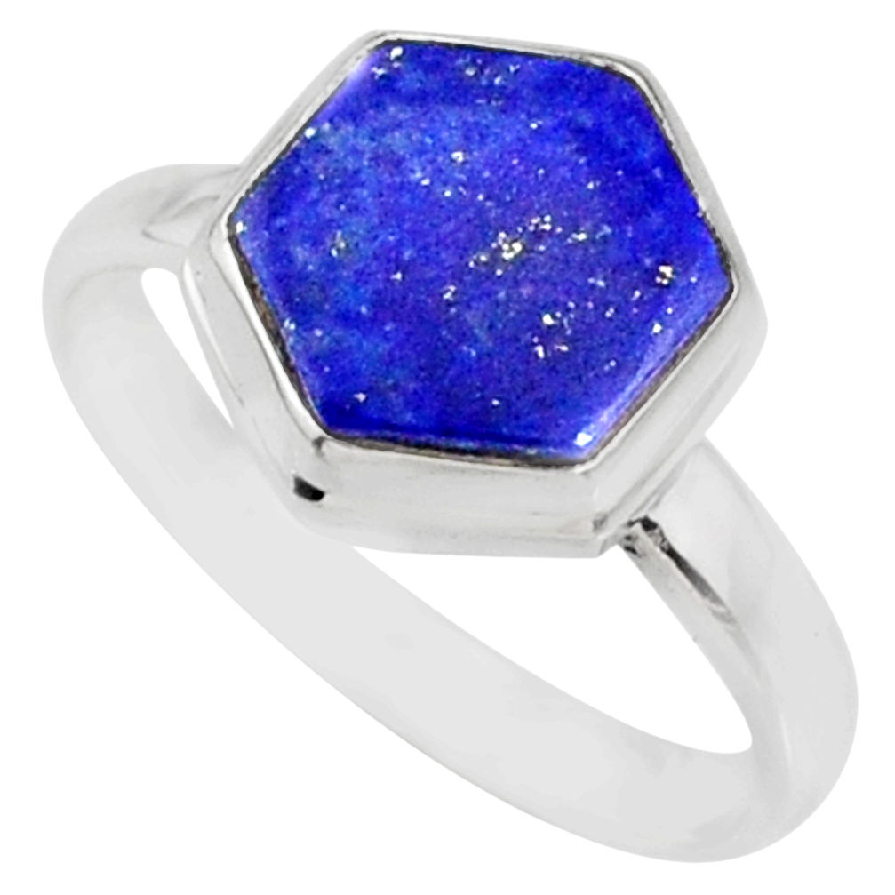 5.54cts natural blue lapis lazuli hexagon silver solitaire ring size 9 r80104