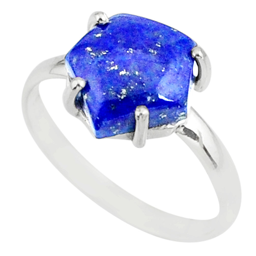 4.91cts natural blue lapis lazuli hexagon silver solitaire ring size 9 r81958