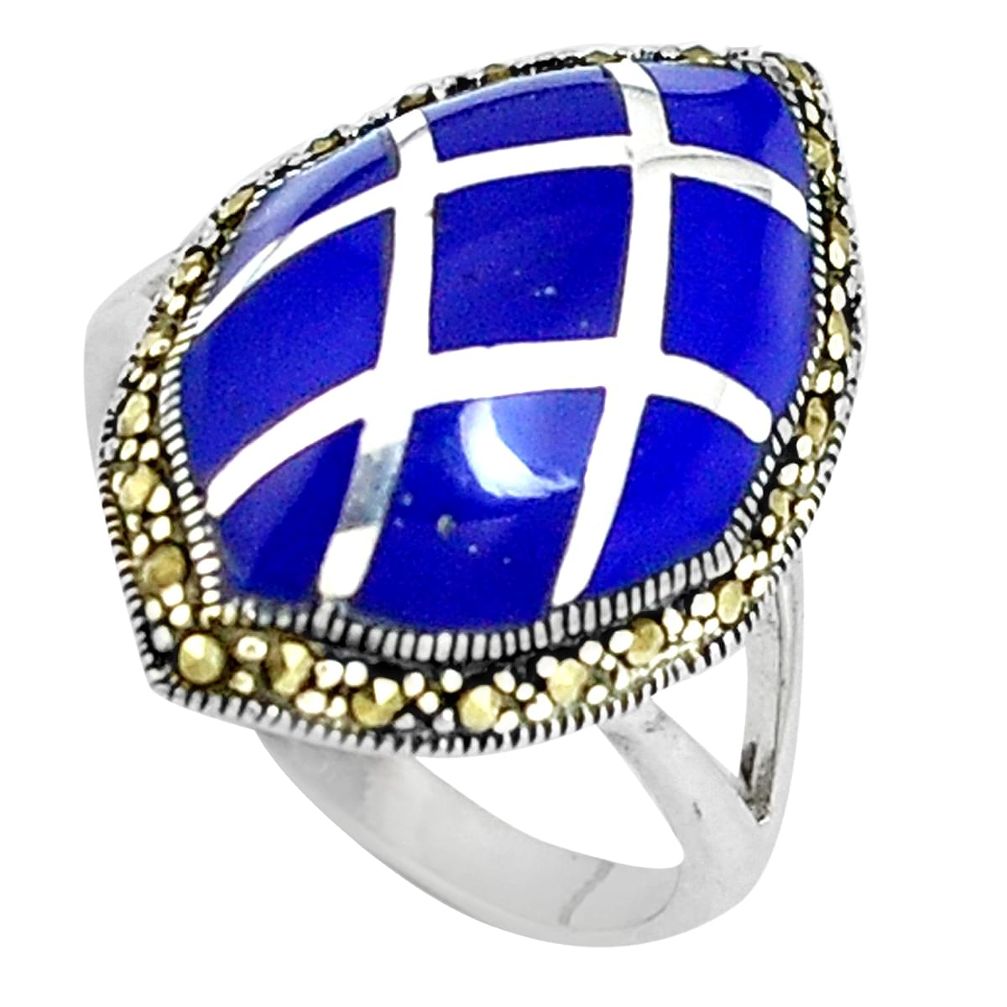 6.39cts natural blue lapis lazuli marcasite 925 silver ring size 6.5 c16330