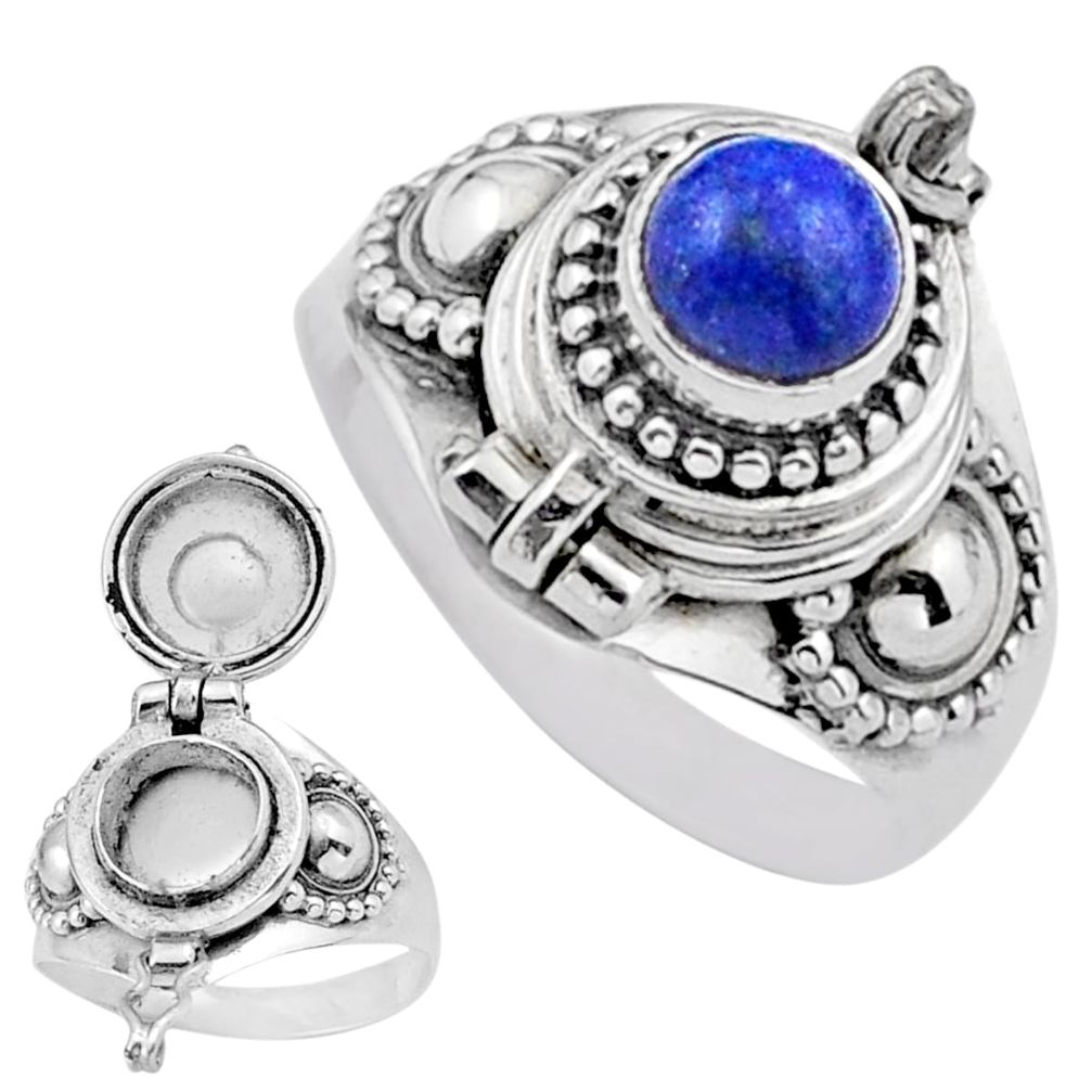 1.10cts natural blue lapis lazuli round 925 silver poison box ring size 8 u9665