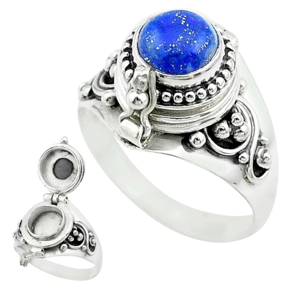 2.46cts natural blue lapis lazuli round silver poison box ring size 8.5 t52770