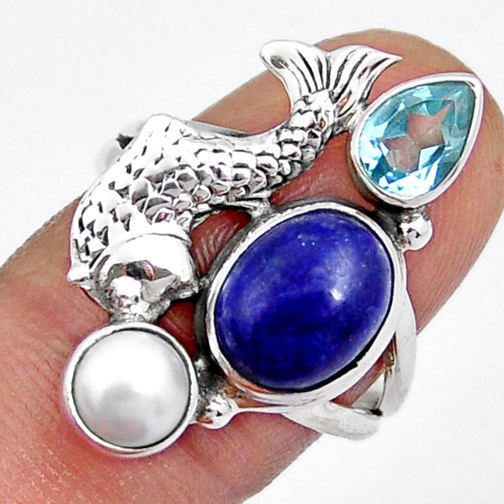 6.73cts natural blue lapis lazuli topaz pearl 925 silver fish ring size 8 y3928