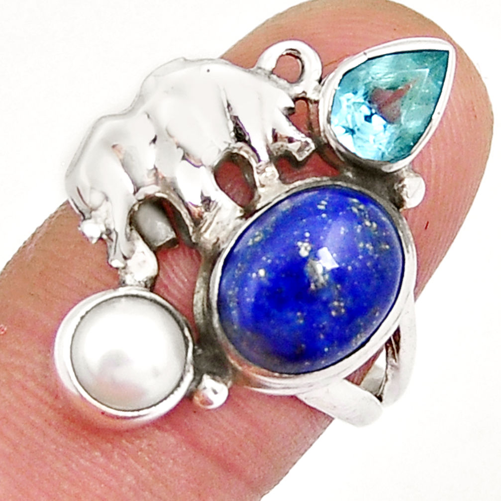 6.78cts natural blue lapis lazuli topaz pearl silver elephant ring size 7 y3905