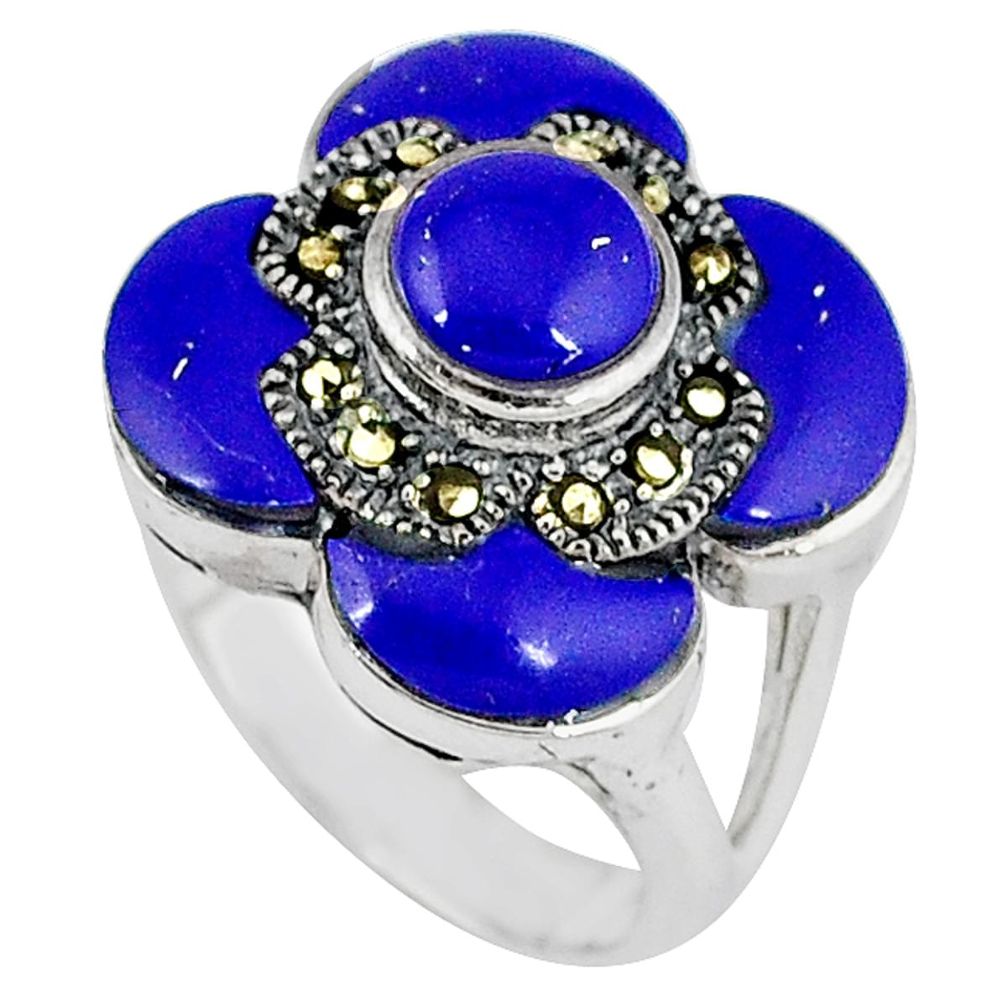 Natural blue lapis marcasite 925 sterling silver ring jewelry size 6.5 c16341