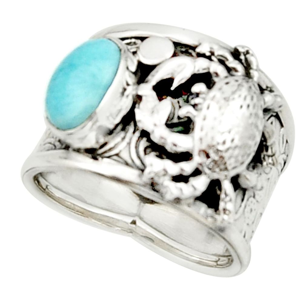 3.08cts natural blue larimar 925 silver crab solitaire ring size 7.5 r22402