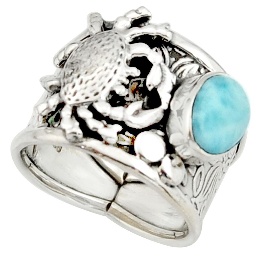 3.63cts natural blue larimar 925 silver crab solitaire ring size 7 r22412