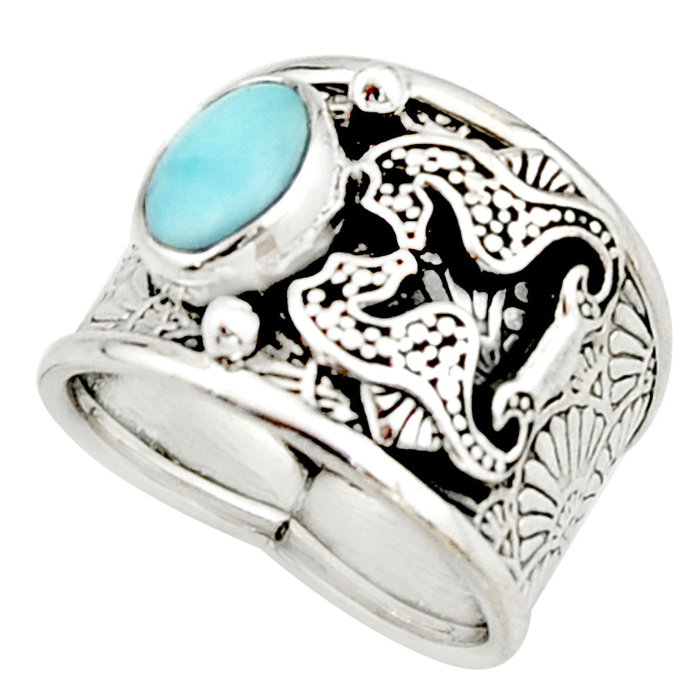 2.00cts natural blue larimar 925 silver seahorse solitaire ring size 7.5 r22383