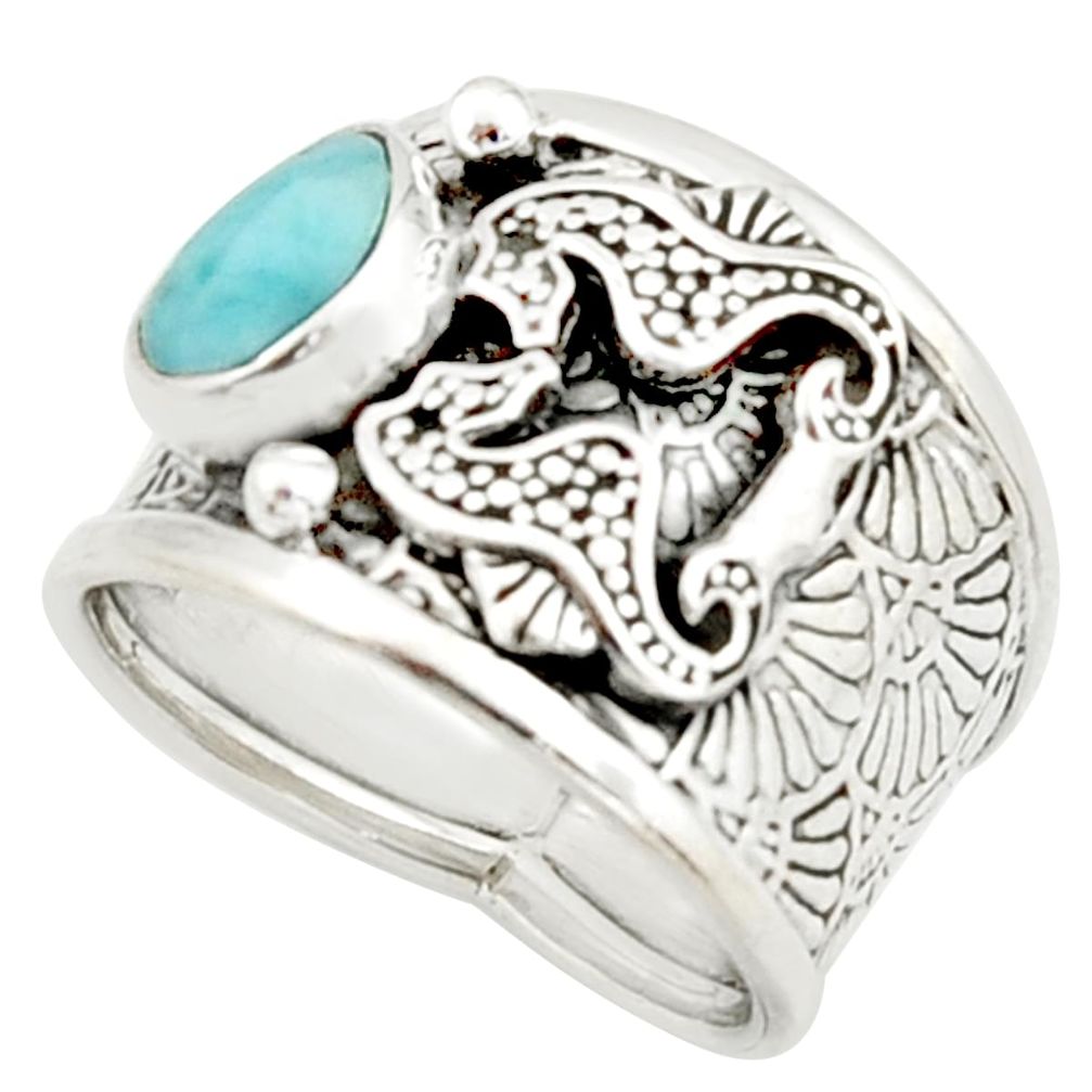 2.06cts natural blue larimar 925 silver seahorse solitaire ring size 7.5 r22385