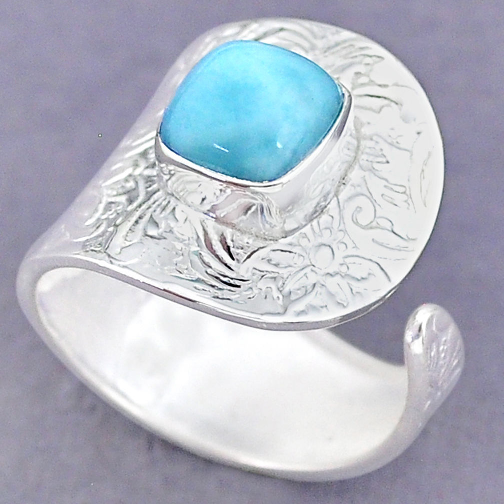 3.26cts natural blue larimar 925 sterling silver adjustable ring size 8.5 r90594