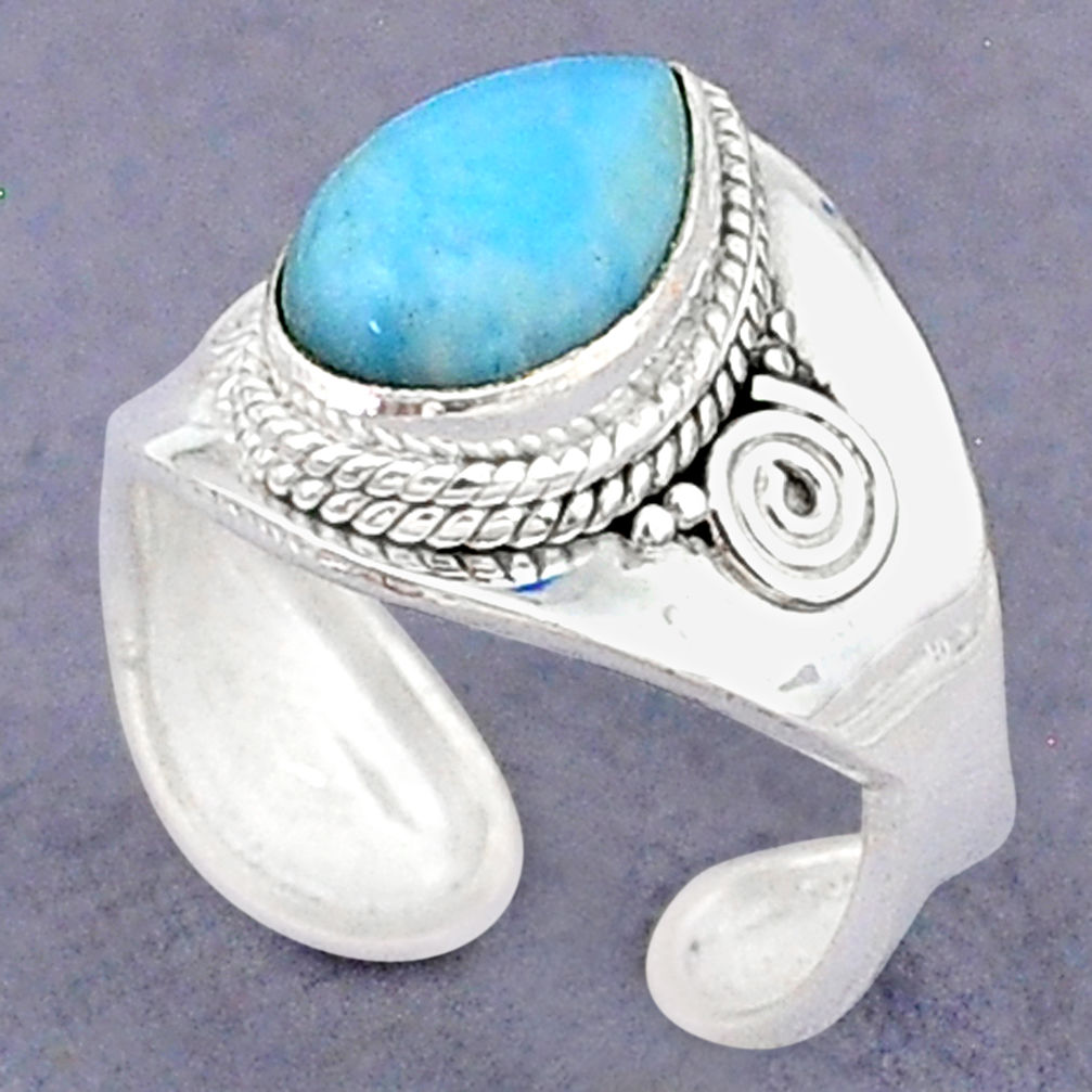 4.30cts natural blue larimar 925 sterling silver adjustable ring size 7.5 t8628