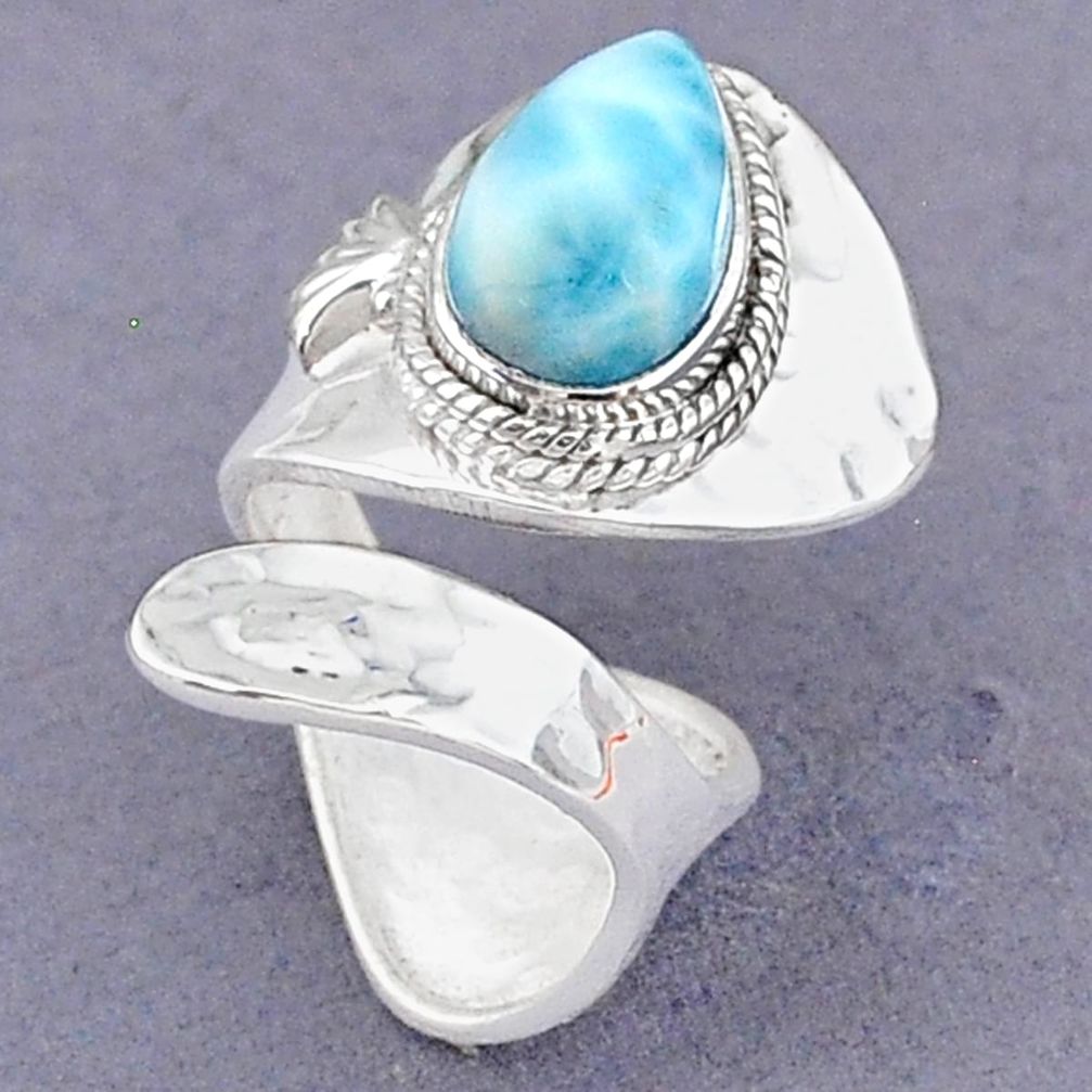 3.90cts natural blue larimar 925 sterling silver adjustable ring size 5.5 t8633