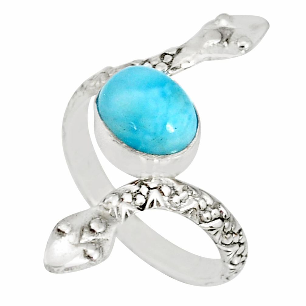 3.48cts natural blue larimar 925 sterling silver snake ring size 7.5 r78791