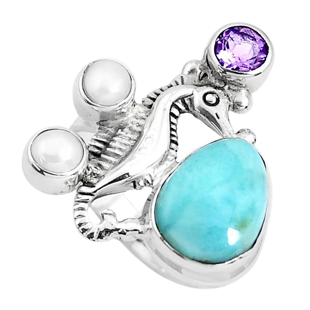 6.72cts natural blue larimar amethyst 925 silver seahorse ring size 6.5 p47694