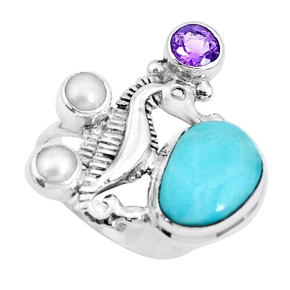6.31cts natural blue larimar amethyst 925 silver seahorse ring size 6.5 p47698