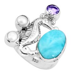 Clearance Sale- 7.23cts natural blue larimar amethyst 925 silver seahorse ring size 7.5 p47715