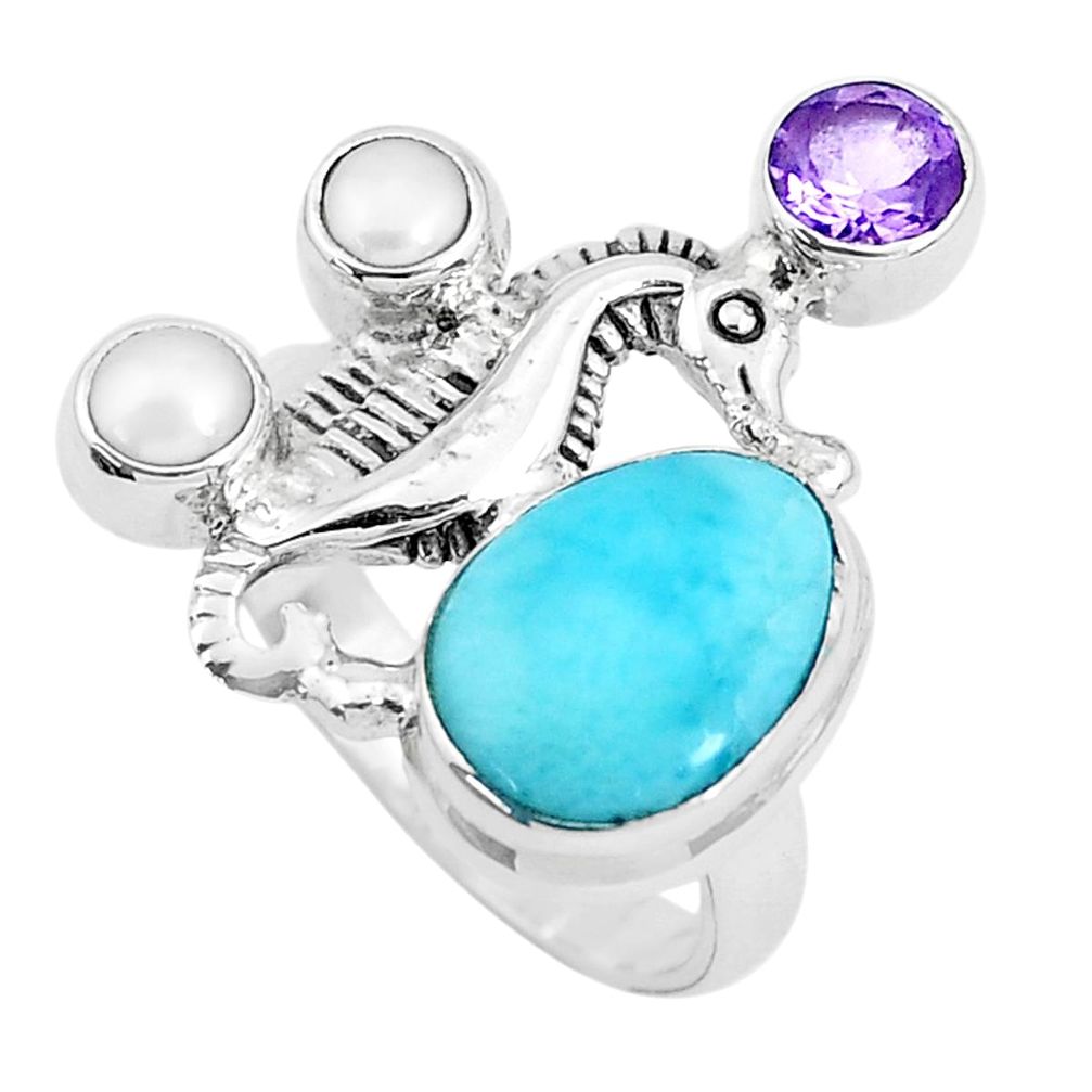 7.22cts natural blue larimar amethyst 925 silver seahorse ring size 7.5 p47735