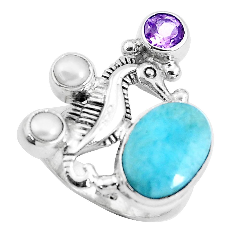 6.73cts natural blue larimar amethyst 925 silver seahorse ring size 7 p47692
