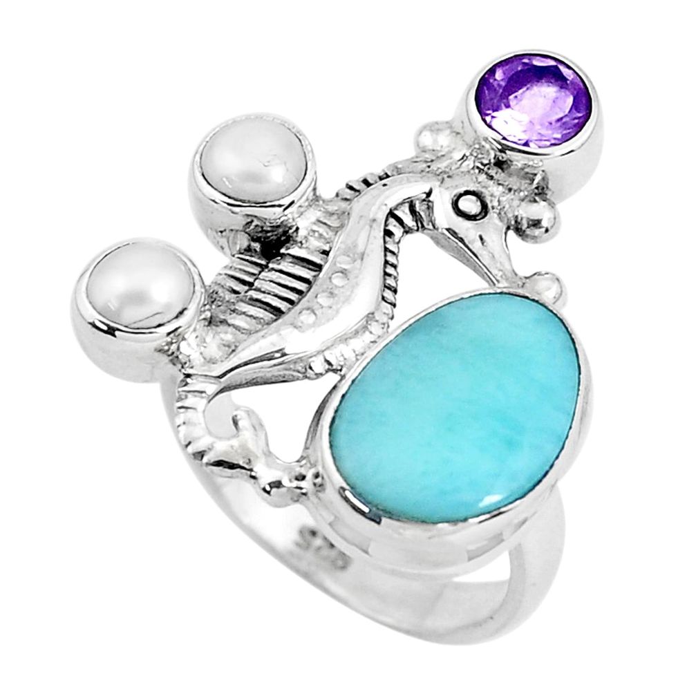 6.92cts natural blue larimar amethyst 925 silver seahorse ring size 7 p47702