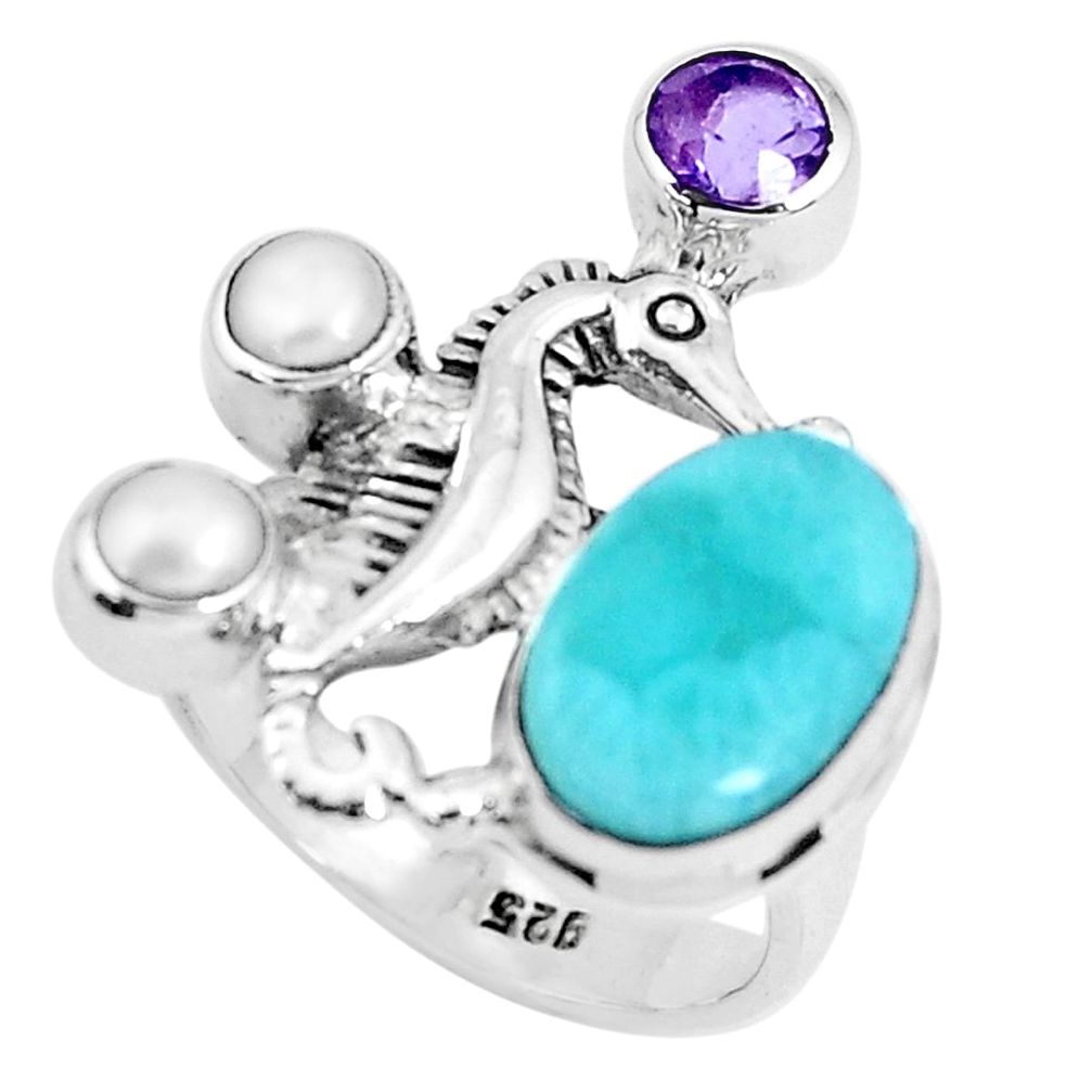 6.42cts natural blue larimar amethyst 925 silver seahorse ring size 7 p47740
