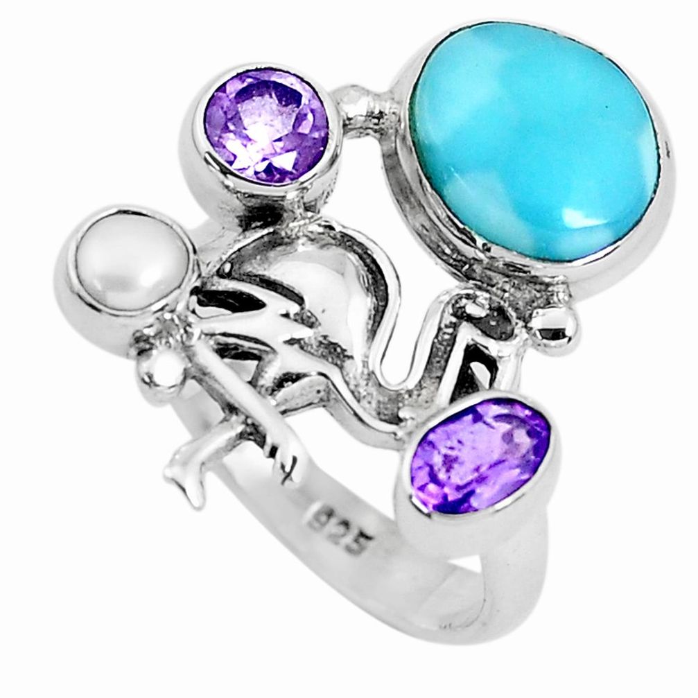 6.15cts natural blue larimar amethyst pearl 925 silver ring size 7.5 p47685