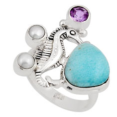 5.62cts natural blue larimar amethyst pearl silver seahorse ring size 7.5 y95873
