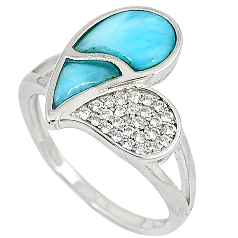 Natural blue larimar fancy white topaz 925 silver ring size 8 a33027 c15075