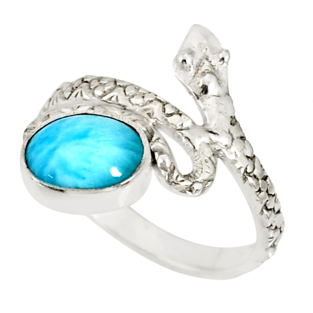 3.50cts natural blue larimar oval 925 sterling silver snake ring size 7.5 r78789