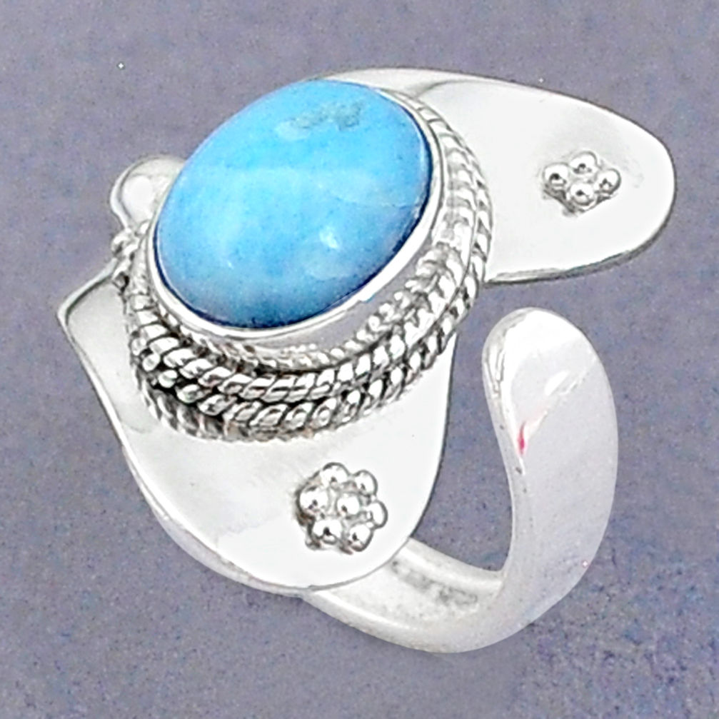 4.24cts natural blue larimar oval sterling silver adjustable ring size 7 t8674
