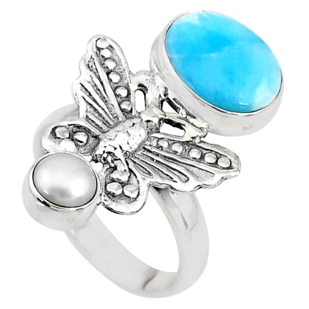 6.32cts natural blue larimar pearl 925 silver butterfly ring size 7.5 t10290