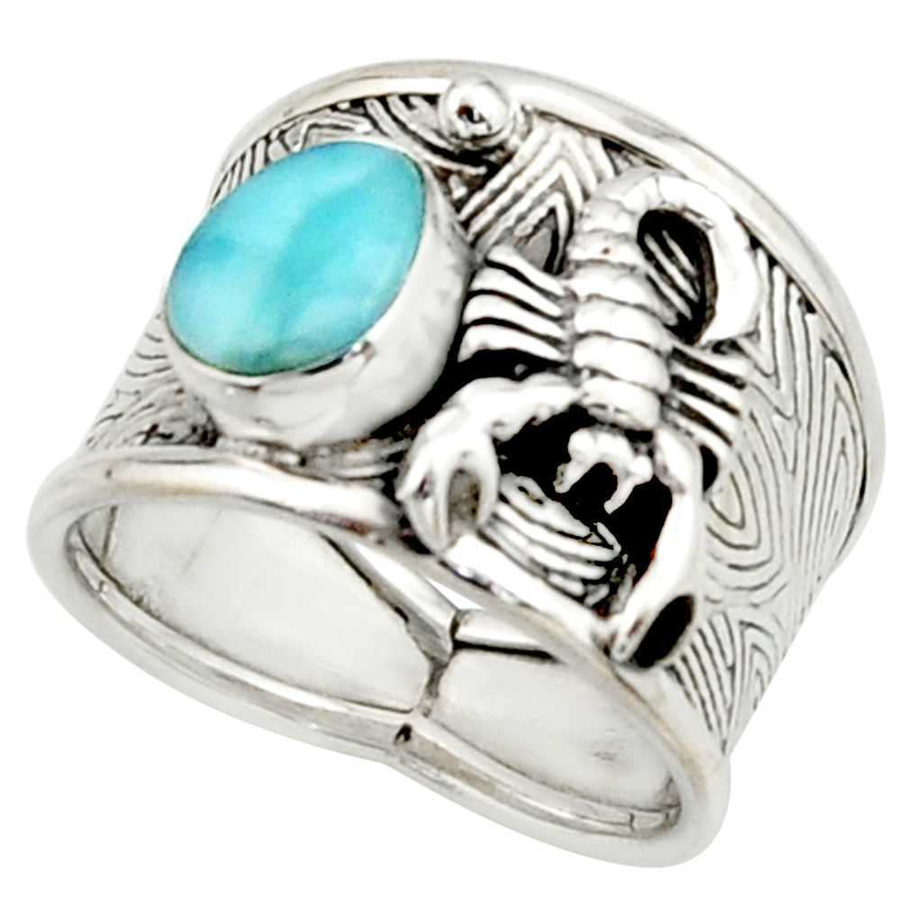 2.90cts natural blue larimar silver scorpion charm solitaire ring size 8 r22415