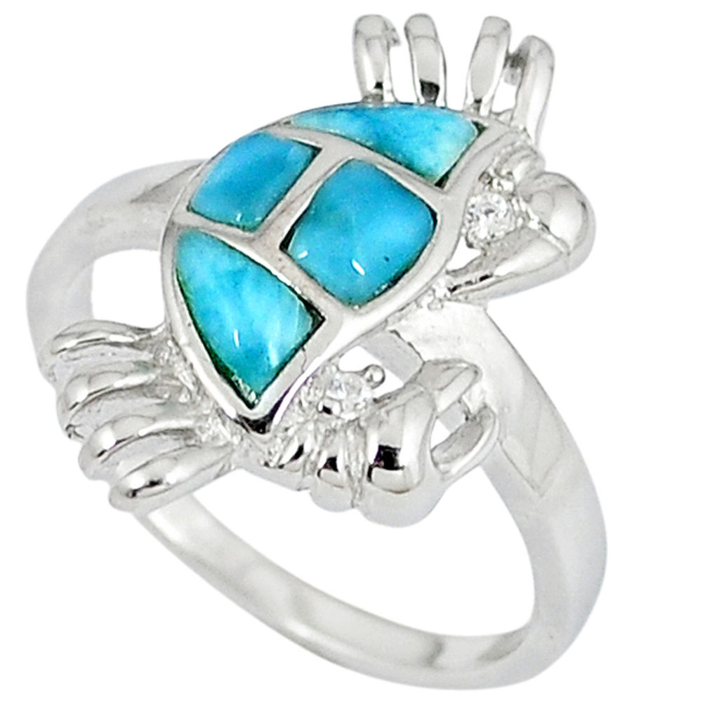 LAB Natural blue larimar topaz 925 sterling silver crab ring size 8 a33039 c15154