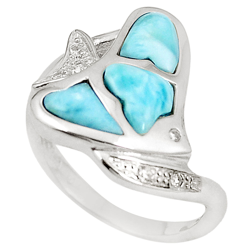 LAB Natural blue larimar topaz 925 sterling silver fish ring size 7 a76497 c15109