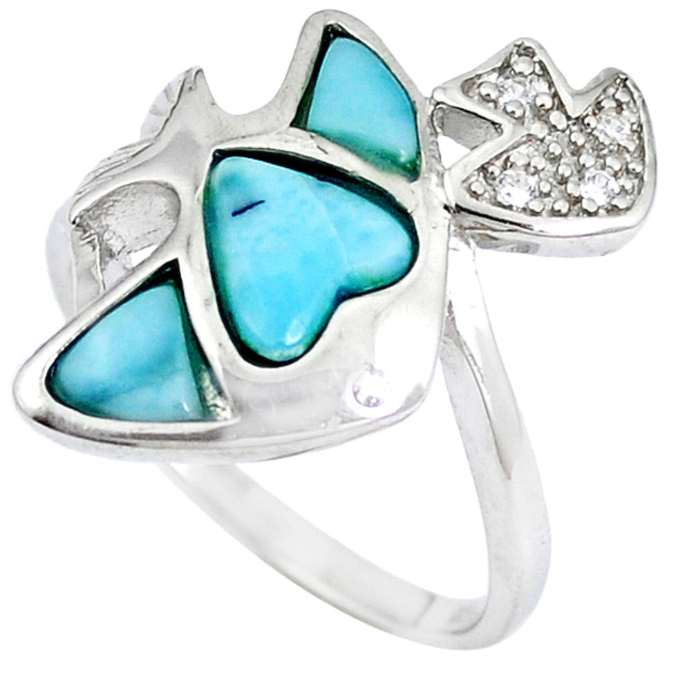 LAB Natural blue larimar topaz 925 sterling silver fish ring size 8 a48915 c15036