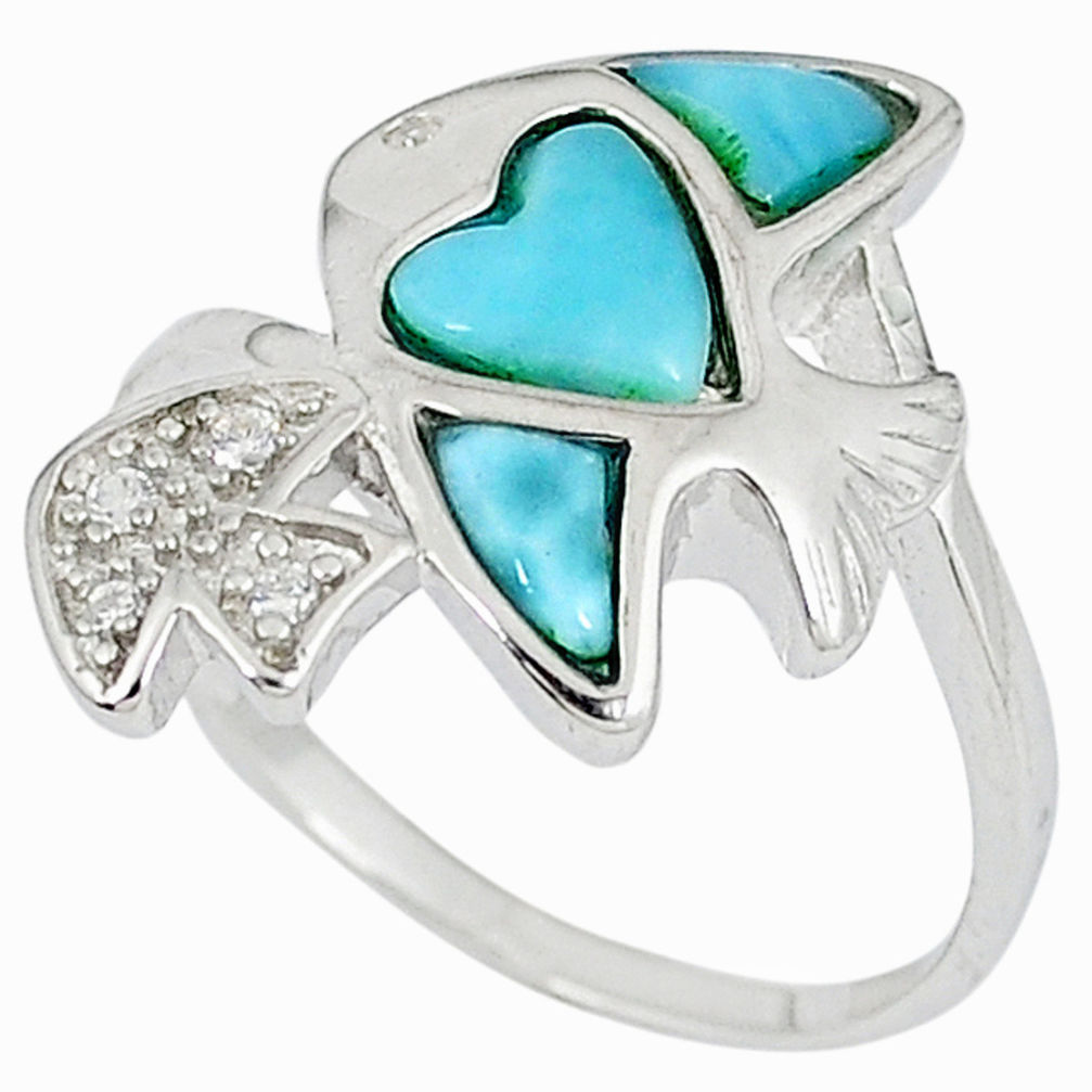 LAB Natural blue larimar topaz 925 sterling silver fish ring size 9 a33074 c15029