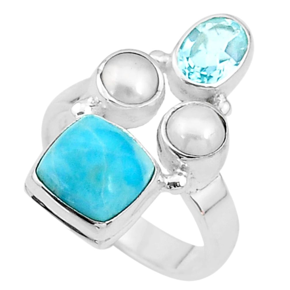 6.03cts natural blue larimar topaz pearl 925 sterling silver ring size 7 t10456