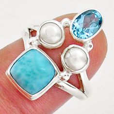5.97cts natural blue larimar topaz pearl 925 sterling silver ring size 7 y17764