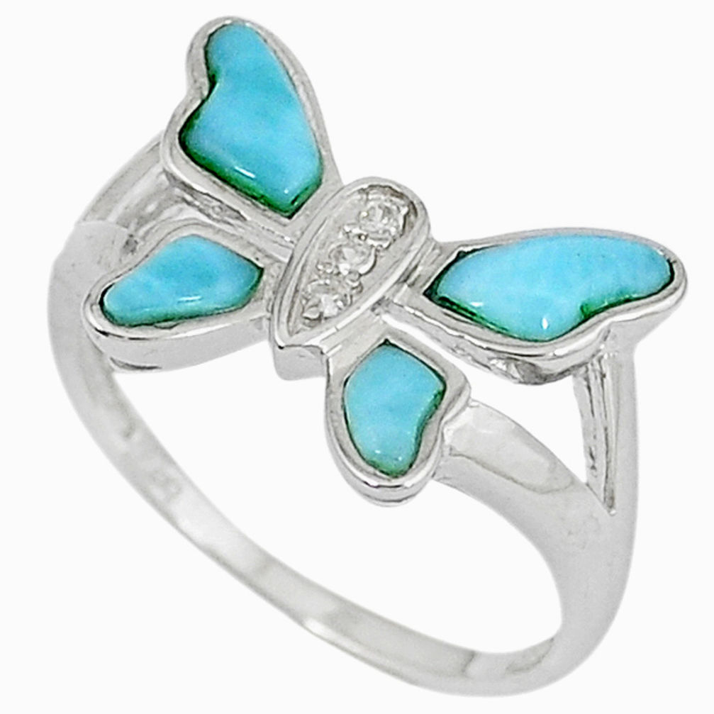 Natural blue larimar white topaz 925 silver butterfly ring size 8 a33182 c15177