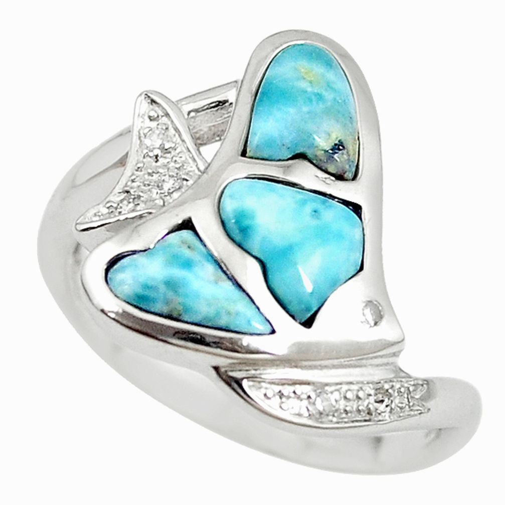 LAB Natural blue larimar white topaz 925 silver fish ring size 9.5 a68643 c15103