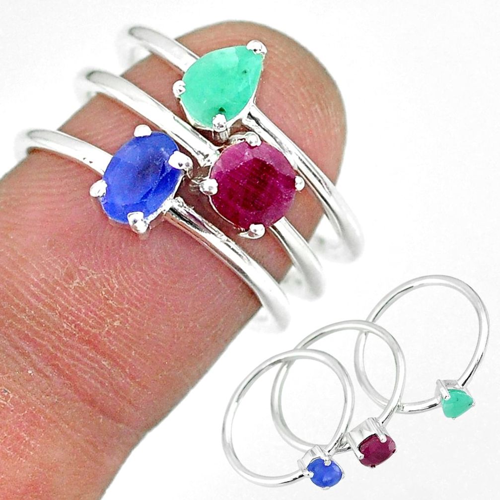 3.22cts natural blue sapphire emerald ruby 925 silver 3 rings size 6.5 r92369