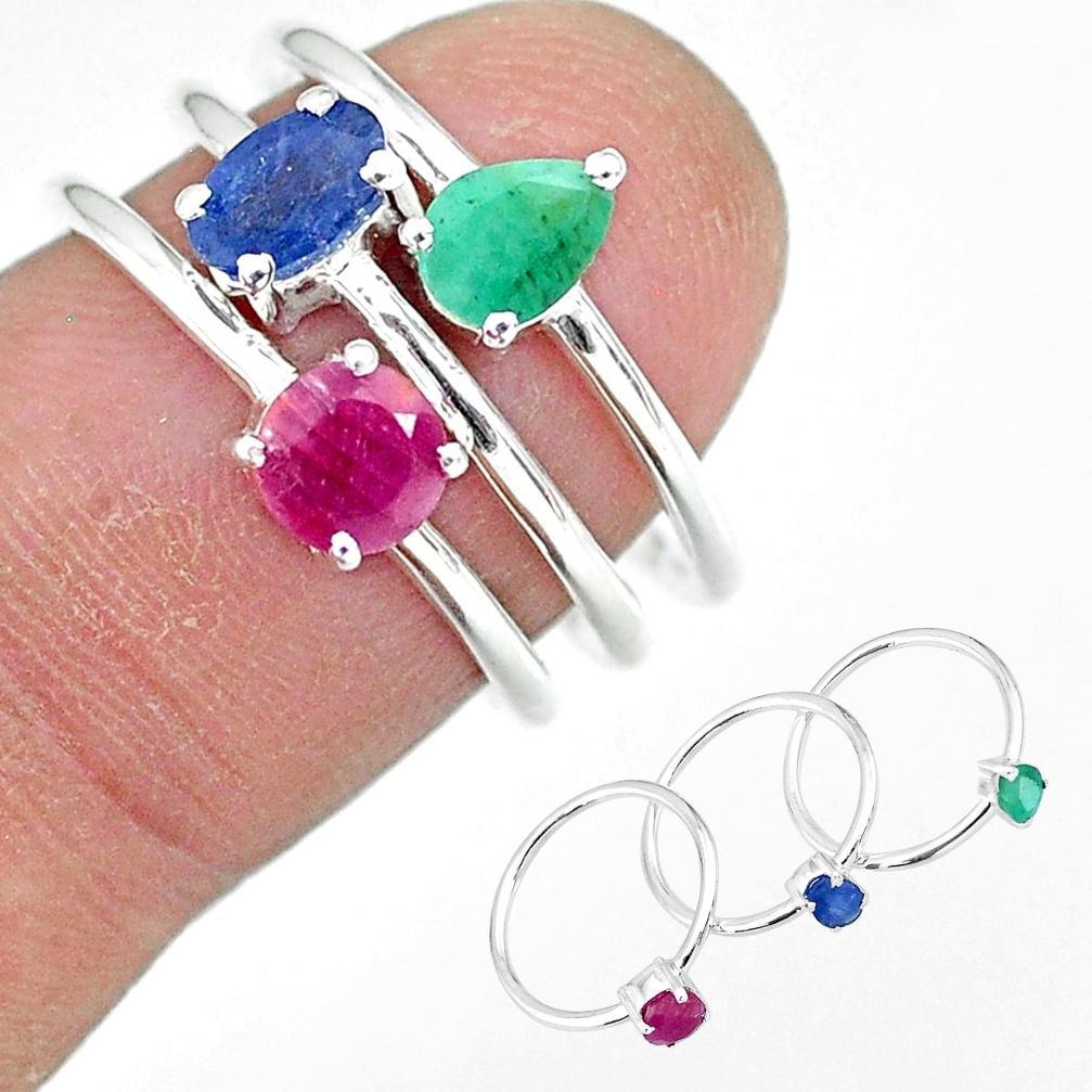 2.81cts natural blue sapphire emerald ruby 925 silver 3 rings size 6 t17594