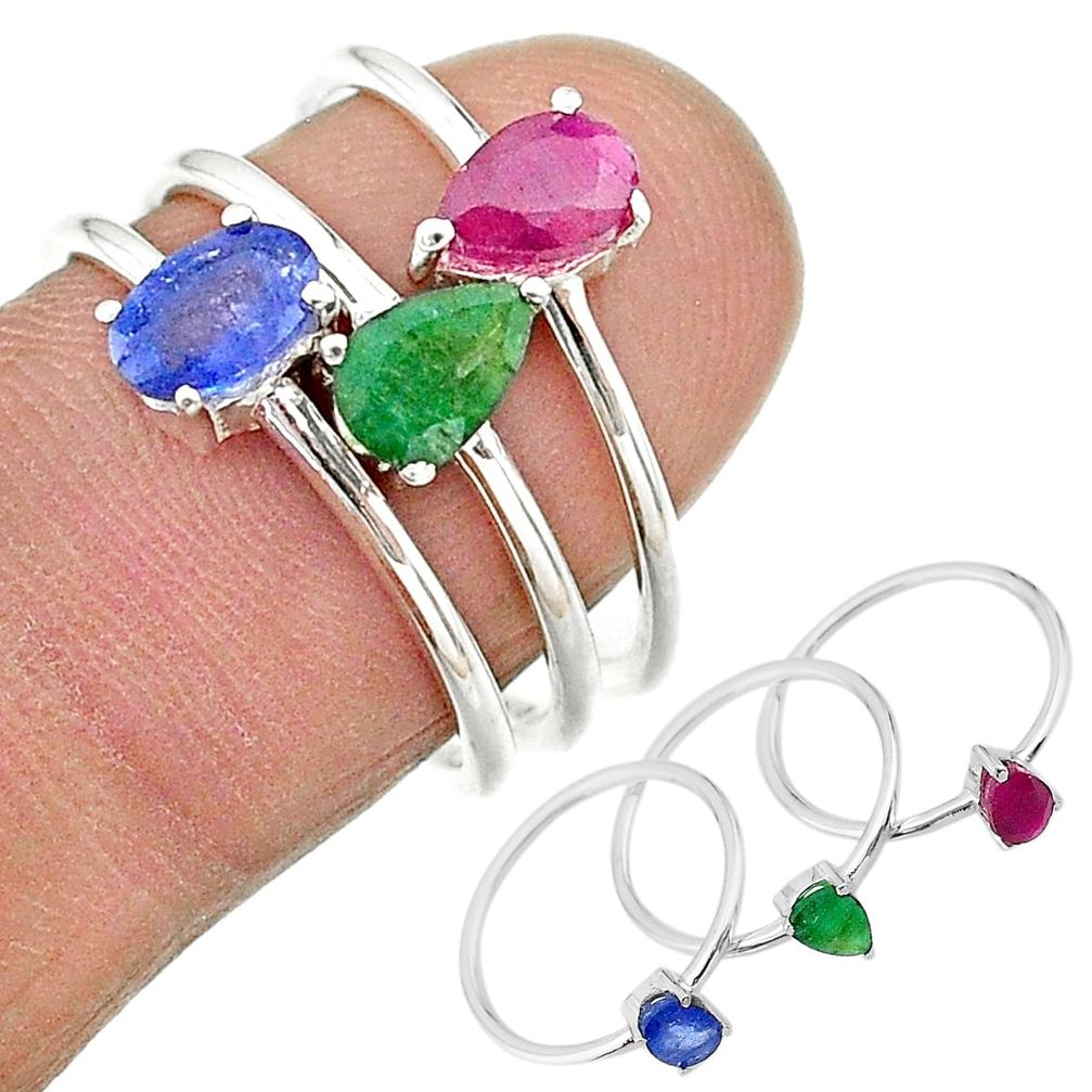 2.81cts natural blue sapphire emerald ruby 925 silver 3 rings size 7 t17574