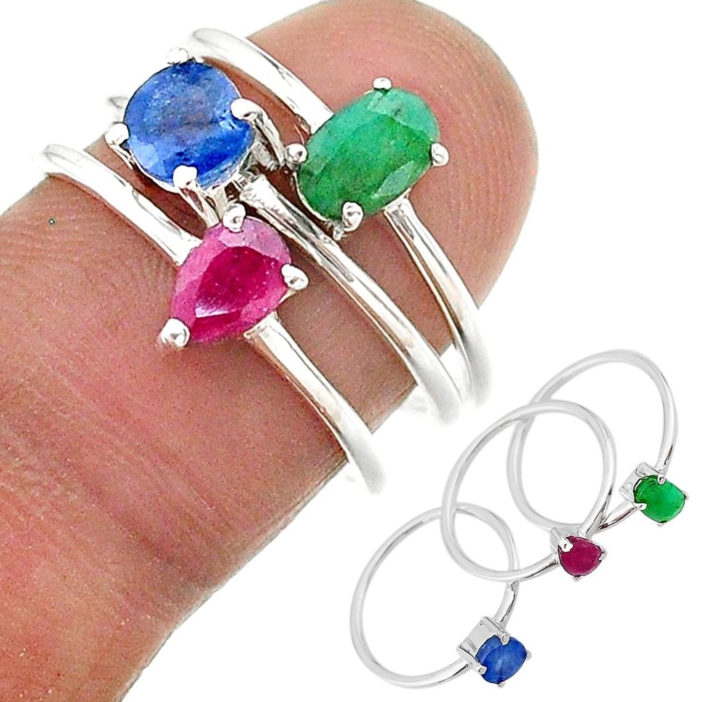 3.42cts natural blue sapphire emerald ruby 925 silver 3 rings size 7 t17590