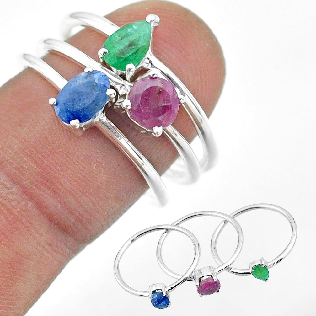 3.13cts natural blue sapphire emerald ruby 925 silver 3 rings size 6.5 t50943