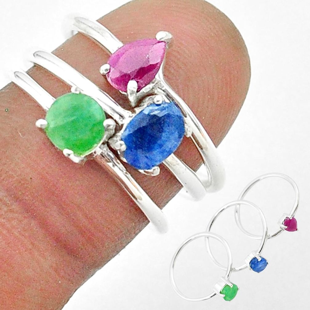 3.13cts natural blue sapphire emerald ruby 925 silver 3 rings size 6.5 t50945
